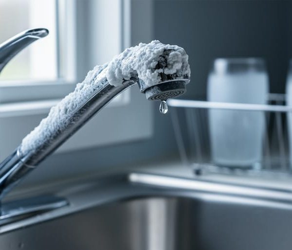 Close-up of a chrome kitchen faucet spout coated with white limescale deposits and a hanging water droplet, with a blurred sink and cloudy glassware in the background