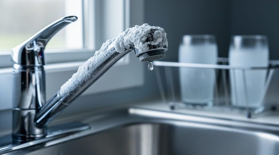 Close-up of a chrome kitchen faucet spout coated with white limescale deposits and a hanging water droplet, with a blurred sink and cloudy glassware in the background