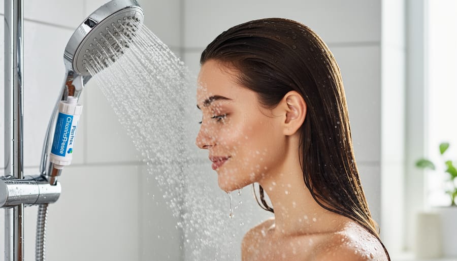 Healthy hair being rinsed with clean filtered shower water