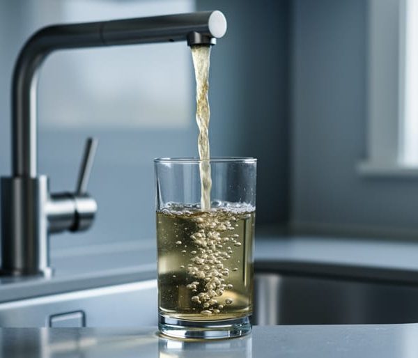 Close-up of a stainless-steel kitchen faucet pouring slightly yellow-tinted water into a clear glass, with the sink and backsplash softly blurred in the background.