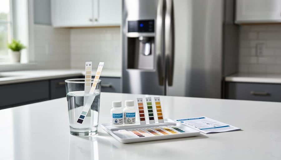 Water testing kit with test strips and sample vials on kitchen counter