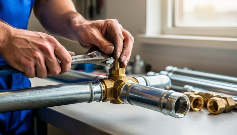 Close-up of hands tightening brass fitting on copper water pipe with wrench