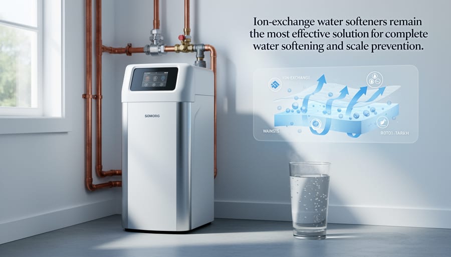 Residential ion-exchange water softener system with salt tank installed in basement