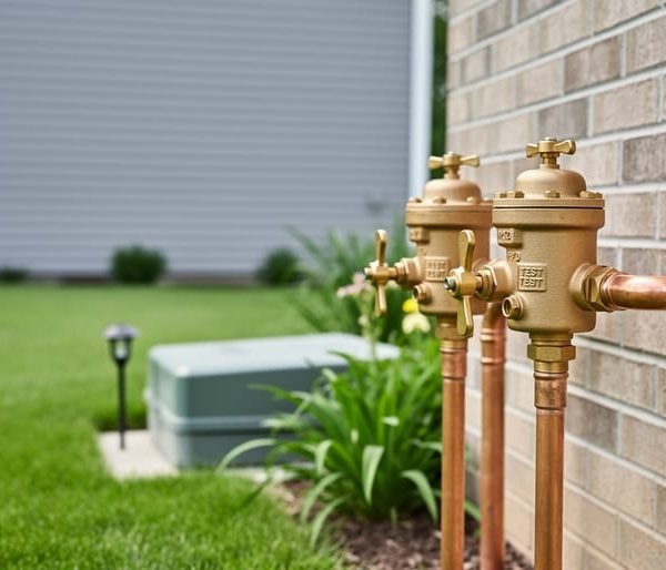 Brass reduced pressure zone backflow preventer with two shutoff valves and test ports mounted above-ground on copper pipes next to a brick home, photographed at eye level with a blurred lawn, sprinkler head, and water meter box in the background.
