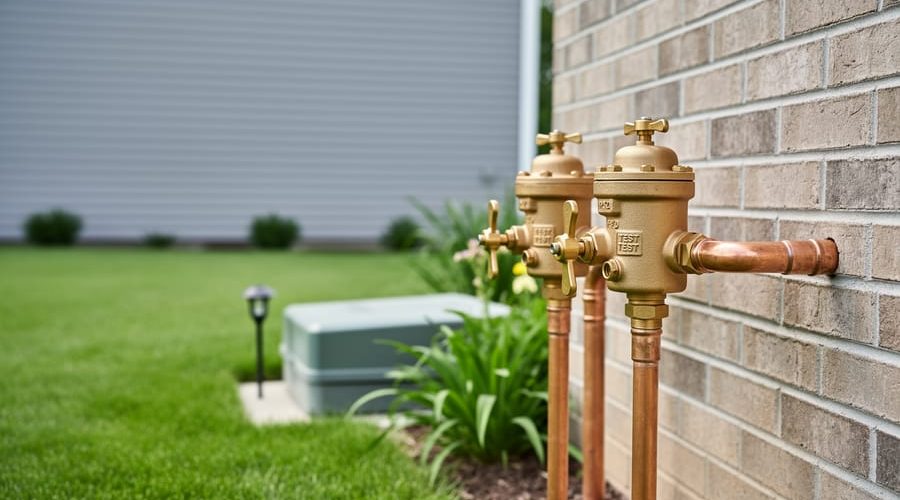 Brass reduced pressure zone backflow preventer with two shutoff valves and test ports mounted above-ground on copper pipes next to a brick home, photographed at eye level with a blurred lawn, sprinkler head, and water meter box in the background.