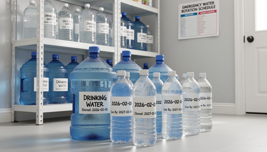 Person writing date on water storage container label with permanent marker