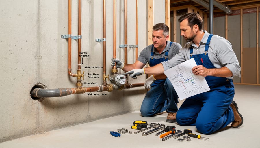Basement utility area showing main water pipes and shutoff valve on concrete wall