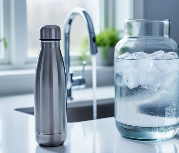 Stainless steel water bottle next to a clear 64-ounce glass jug filled with cold water on a modern kitchen counter, with a dedicated filter faucet running in soft natural daylight.