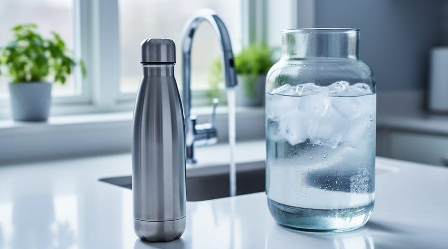Stainless steel water bottle next to a clear 64-ounce glass jug filled with cold water on a modern kitchen counter, with a dedicated filter faucet running in soft natural daylight.