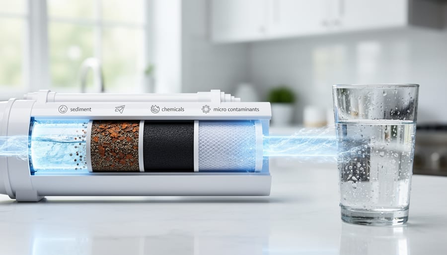 Multi-stage water filtration system with transparent filter housings mounted on wall