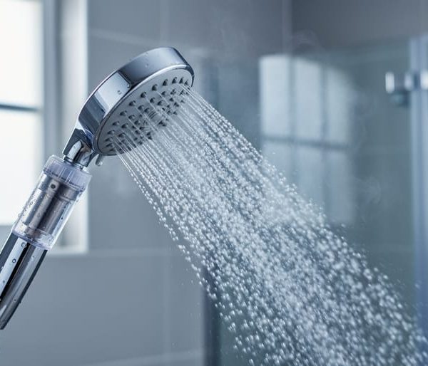 Close-up of a chrome shower head with an inline filter, water streaming with gentle steam, in a modern tiled bathroom with a softly blurred background.