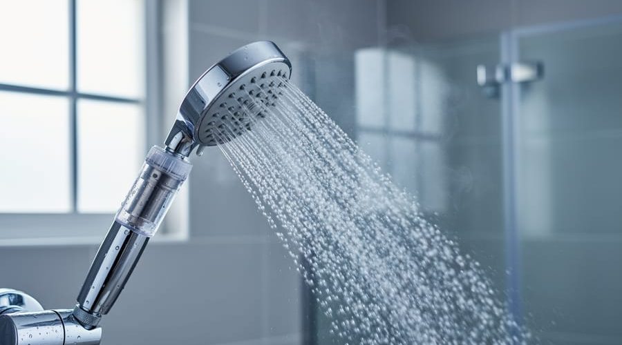Close-up of a chrome shower head with an inline filter, water streaming with gentle steam, in a modern tiled bathroom with a softly blurred background.