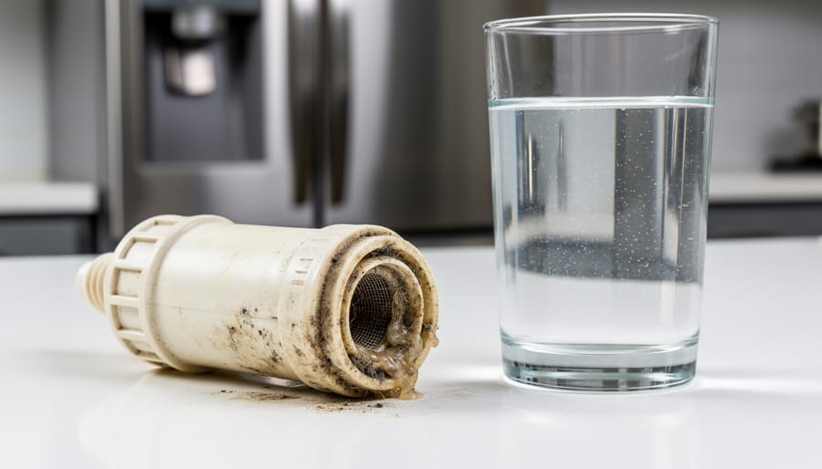 Close-up of contaminated refrigerator water filter showing dark buildup