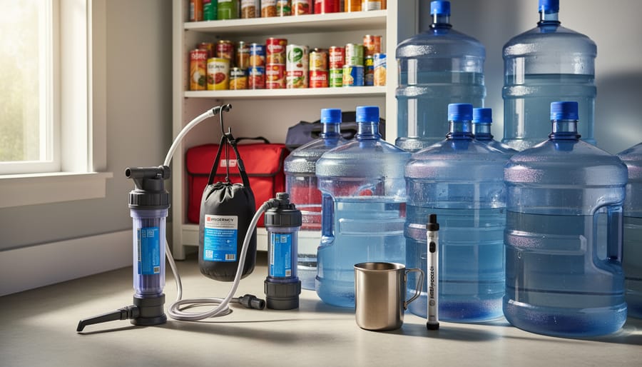 Portable water filtration system displayed alongside emergency water storage containers