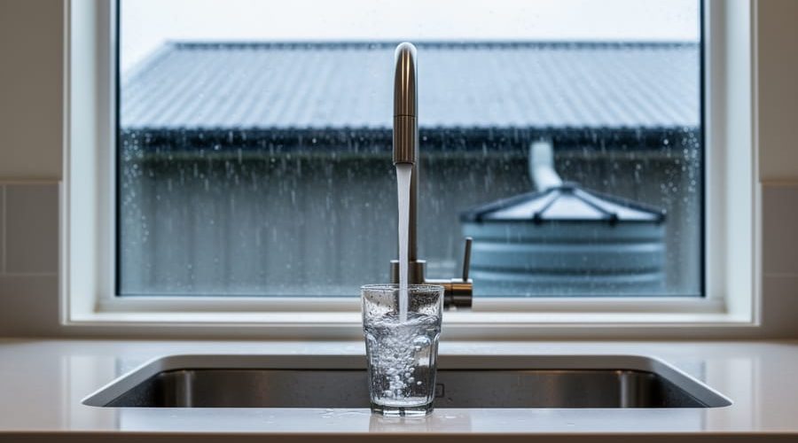 Kitchen faucet pouring clear water into a glass, with rain on the roof and a guttered downspout feeding a sealed cistern visible through the window.
