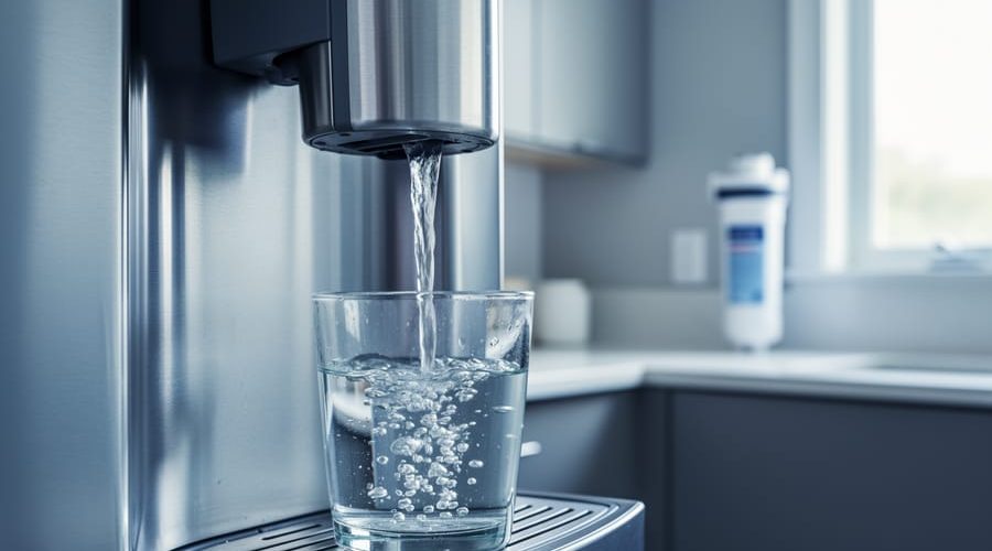 Close-up, eye-level view of a clear glass filling from a stainless steel refrigerator water dispenser, with soft daylight and a blurred replacement filter cartridge on the kitchen counter in the background