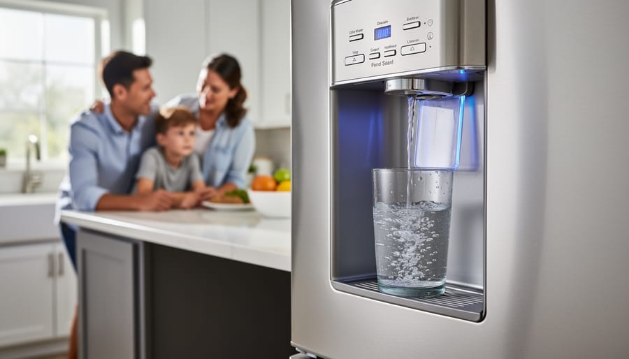 Glass being filled with water from stainless steel refrigerator dispenser