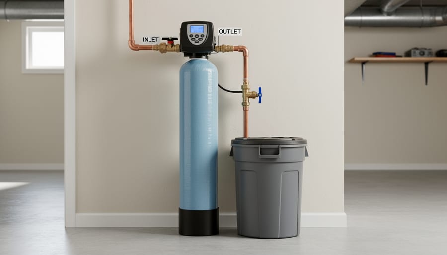 Water softener system with two tanks installed in residential basement