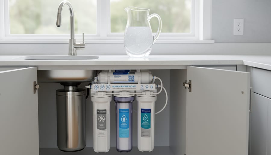 Under-sink reverse osmosis water filtration system installed in home cabinet