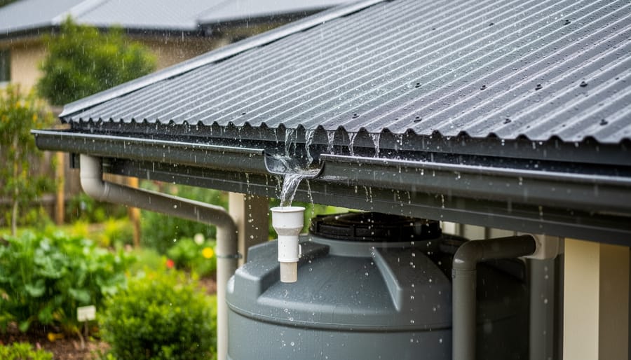 Residential home with rain gutters collecting rainwater from metal roof during rainfall