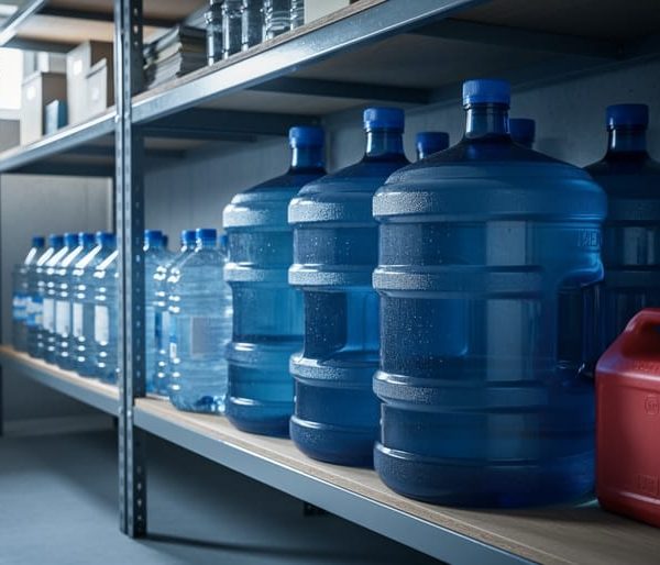 Blue water storage barrels and sealed clear jugs on basement shelves with soft window light, with a distant red gas can and cleaning supplies blurred on a separate shelf to emphasize safe separation from chemicals.