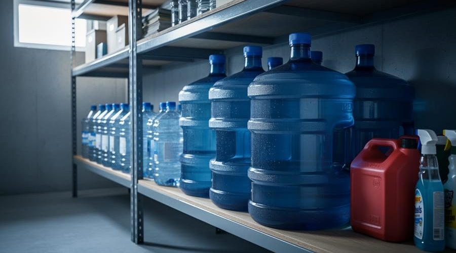 Blue water storage barrels and sealed clear jugs on basement shelves with soft window light, with a distant red gas can and cleaning supplies blurred on a separate shelf to emphasize safe separation from chemicals.