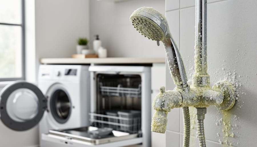Close-up of mineral scale buildup on water heater element and pipes