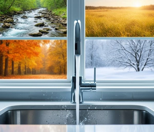 Close-up of a chrome kitchen faucet running into a stainless sink, with a softly blurred window showing spring runoff, summer grasses, autumn leaves, and winter snow to represent seasonal changes in household water.