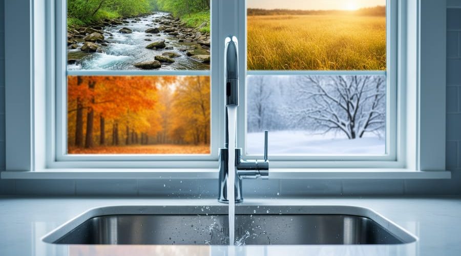 Close-up of a chrome kitchen faucet running into a stainless sink, with a softly blurred window showing spring runoff, summer grasses, autumn leaves, and winter snow to represent seasonal changes in household water.