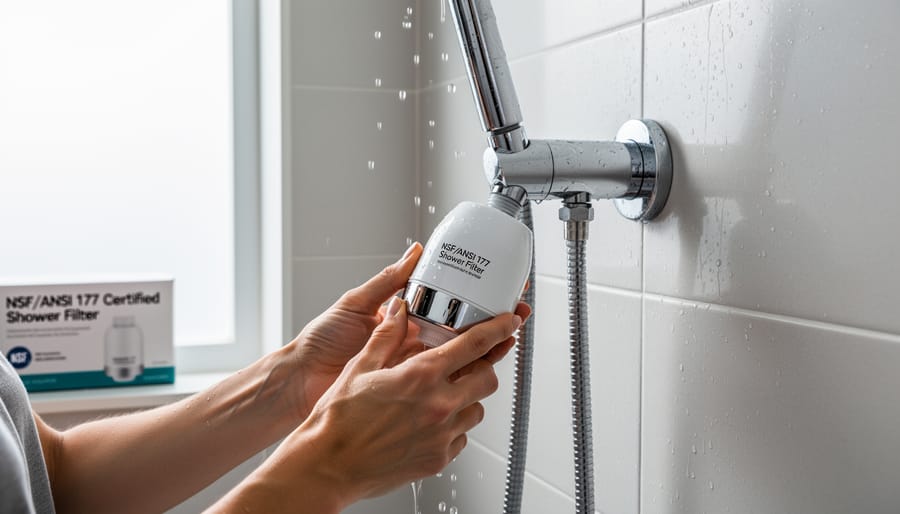 Hands installing shower filter cartridge into bathroom fixture