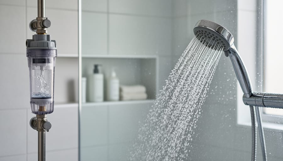 Chrome shower head with flowing water in modern bathroom setting