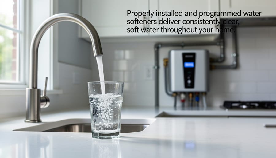 Clear water pouring from kitchen faucet into glass showing water quality