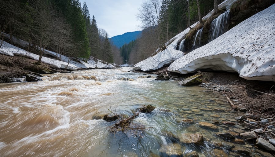 Spring stream with visible sediment flowing through rocky terrain during seasonal runoff
