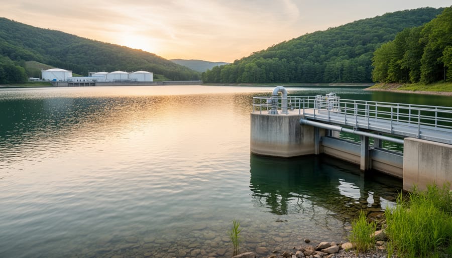 Clear mountain lake surrounded by forest reflecting natural water source for drinking water