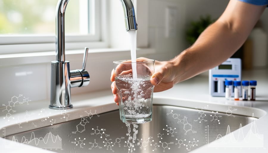 Clear glass being filled with tap water from kitchen faucet