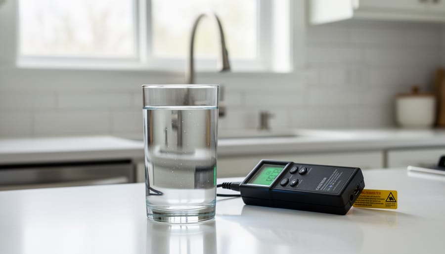 Glass of clear tap water on kitchen counter with natural lighting