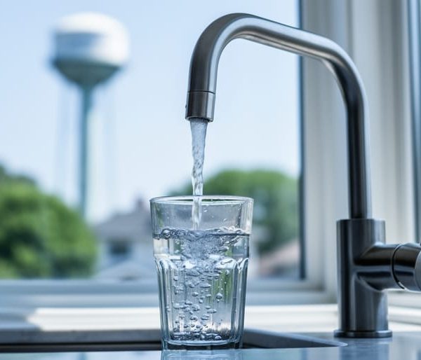 Clear drinking glass being filled from a stainless-steel kitchen faucet in natural daylight, with an out-of-focus municipal water tower visible through the window in the background.