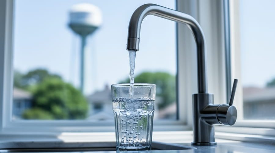 Clear drinking glass being filled from a stainless-steel kitchen faucet in natural daylight, with an out-of-focus municipal water tower visible through the window in the background.