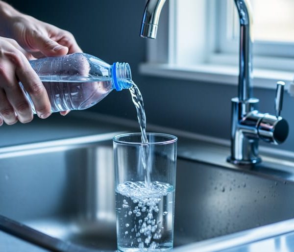 Hands pour sealed, unbranded bottled water into a clear glass over a stainless kitchen sink, with a blurred faucet and small reverse osmosis tap in the background under soft daylight.