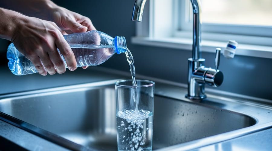 Hands pour sealed, unbranded bottled water into a clear glass over a stainless kitchen sink, with a blurred faucet and small reverse osmosis tap in the background under soft daylight.