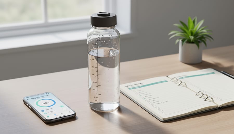 Overhead view of person tracking water intake with journal and smartphone beside water bottle