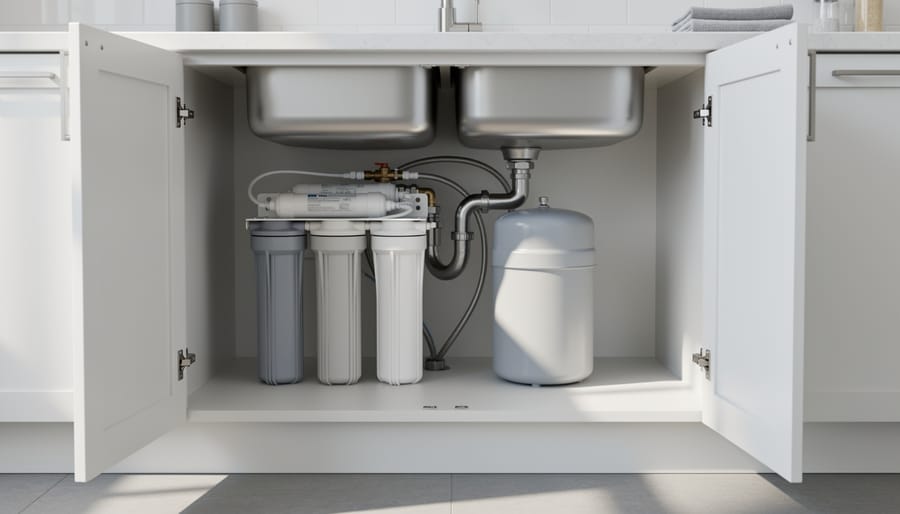 Under-sink water filtration system installed beneath kitchen cabinet with visible filter canister and plumbing connections