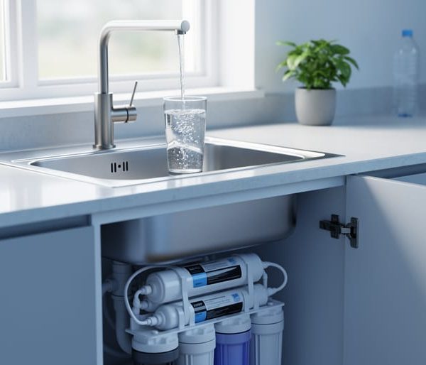 Open cabinet beneath a kitchen sink showing a multi-stage under-sink water filter, while a dedicated faucet fills a clear glass; soft daylight and a few blurred empty plastic bottles on the countertop in the background.
