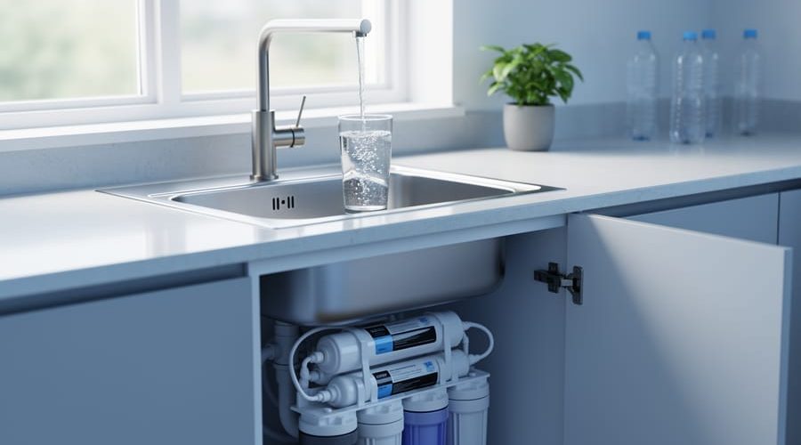 Open cabinet beneath a kitchen sink showing a multi-stage under-sink water filter, while a dedicated faucet fills a clear glass; soft daylight and a few blurred empty plastic bottles on the countertop in the background.