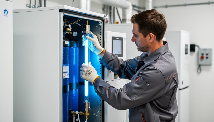 Pool technician replacing UV lamp bulb during routine maintenance