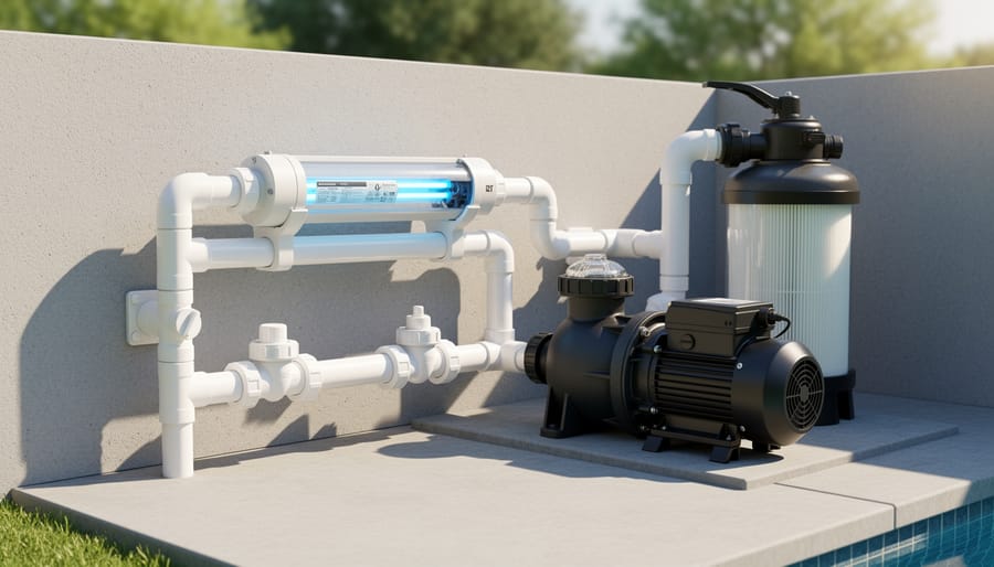 UV water treatment system unit mounted on pool equipment wall near filtration system