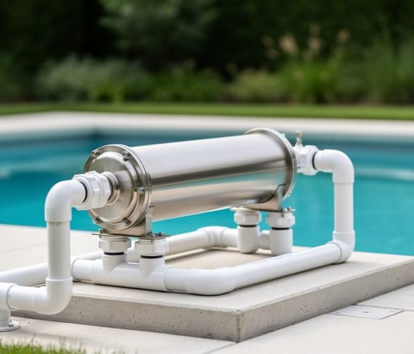 Stainless UV-C water treatment reactor connected to white PVC plumbing on a residential pool equipment pad, with a clear blue pool, deck, and trees softly blurred in the background under diffused daylight.