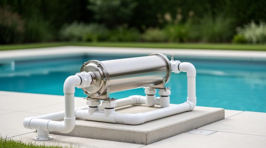 Stainless UV-C water treatment reactor connected to white PVC plumbing on a residential pool equipment pad, with a clear blue pool, deck, and trees softly blurred in the background under diffused daylight.