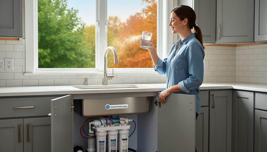 Homeowner installing whole-house water filtration system components
