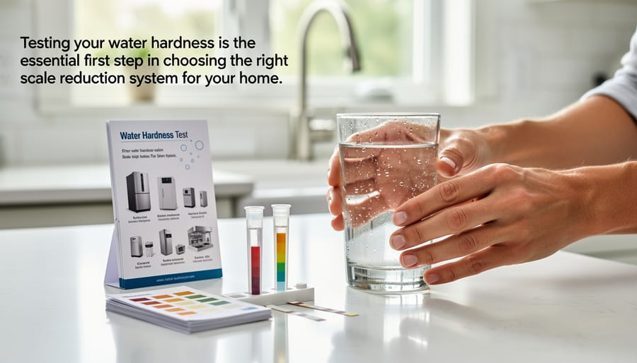 Homeowner testing water hardness with test strips in kitchen